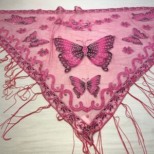 Women Pink Mesh Bikini Cover Up Sarong Skirt  Beach Pool Butterfly Fringe y2K